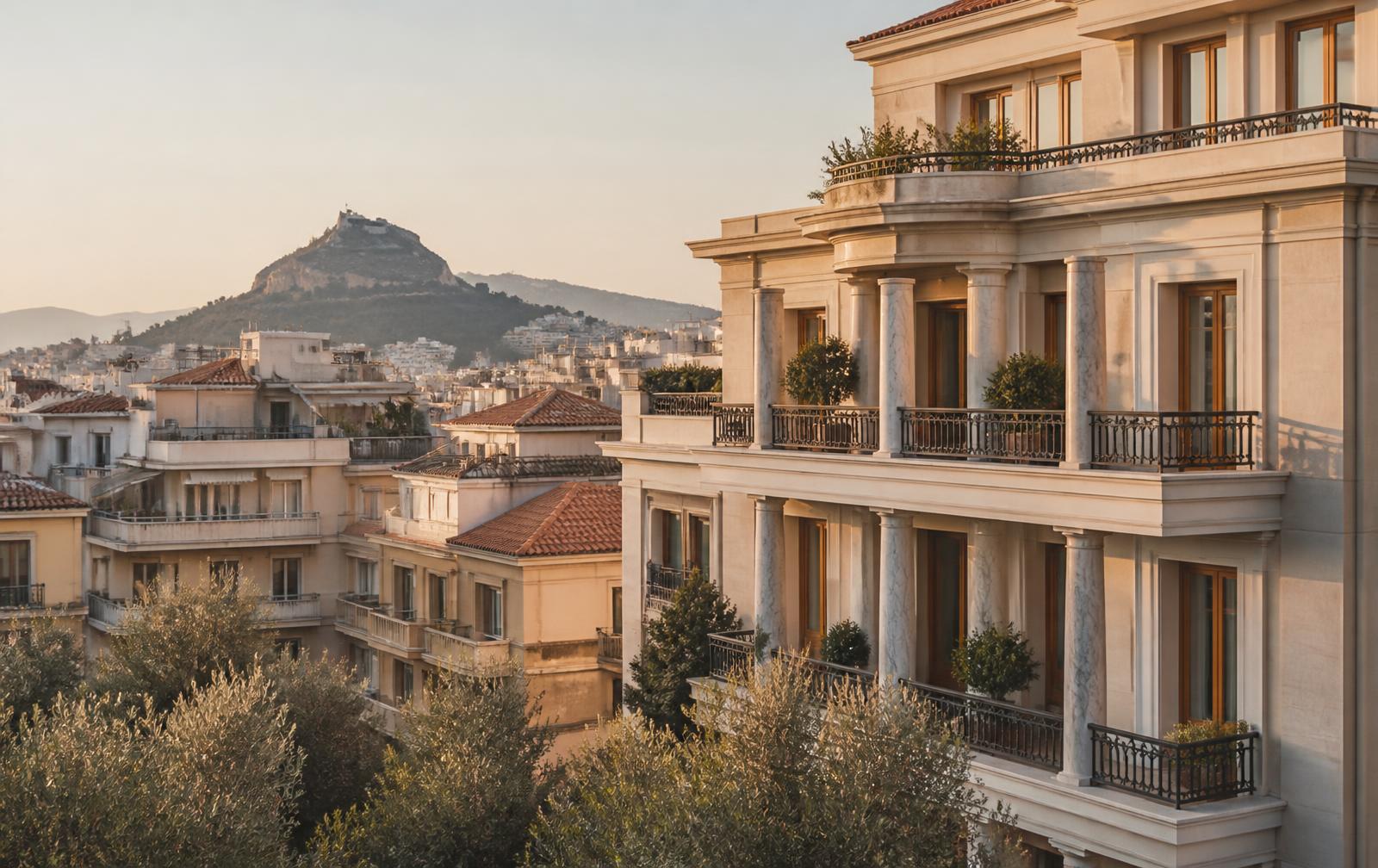 Neoklassizistische Wohnhäuser in Athen im Abendlicht